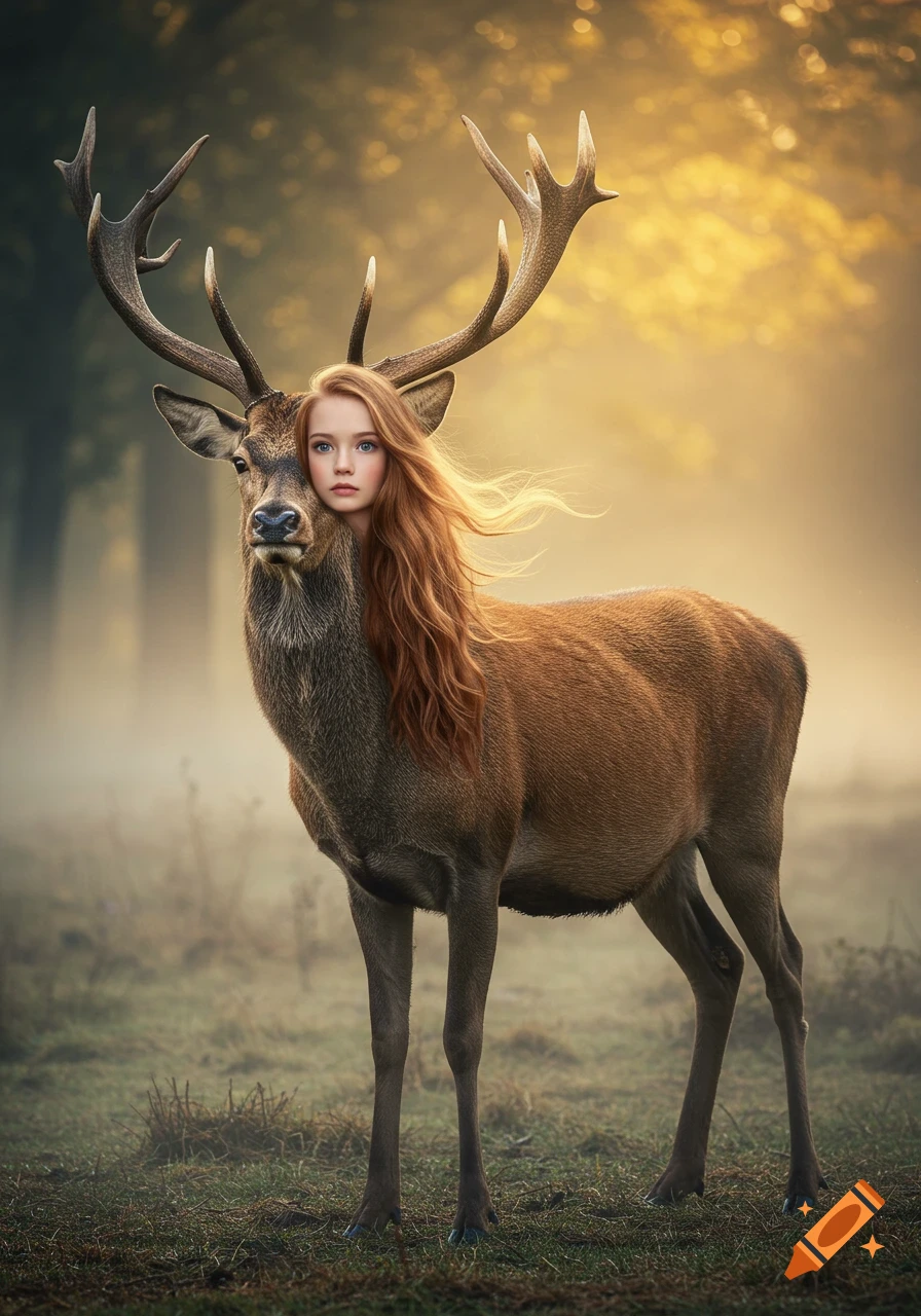 A hyperrealistic image of a young woman's head with long strawberry blonde hair atop a stag's body, standing in a misty, sunlit forest.