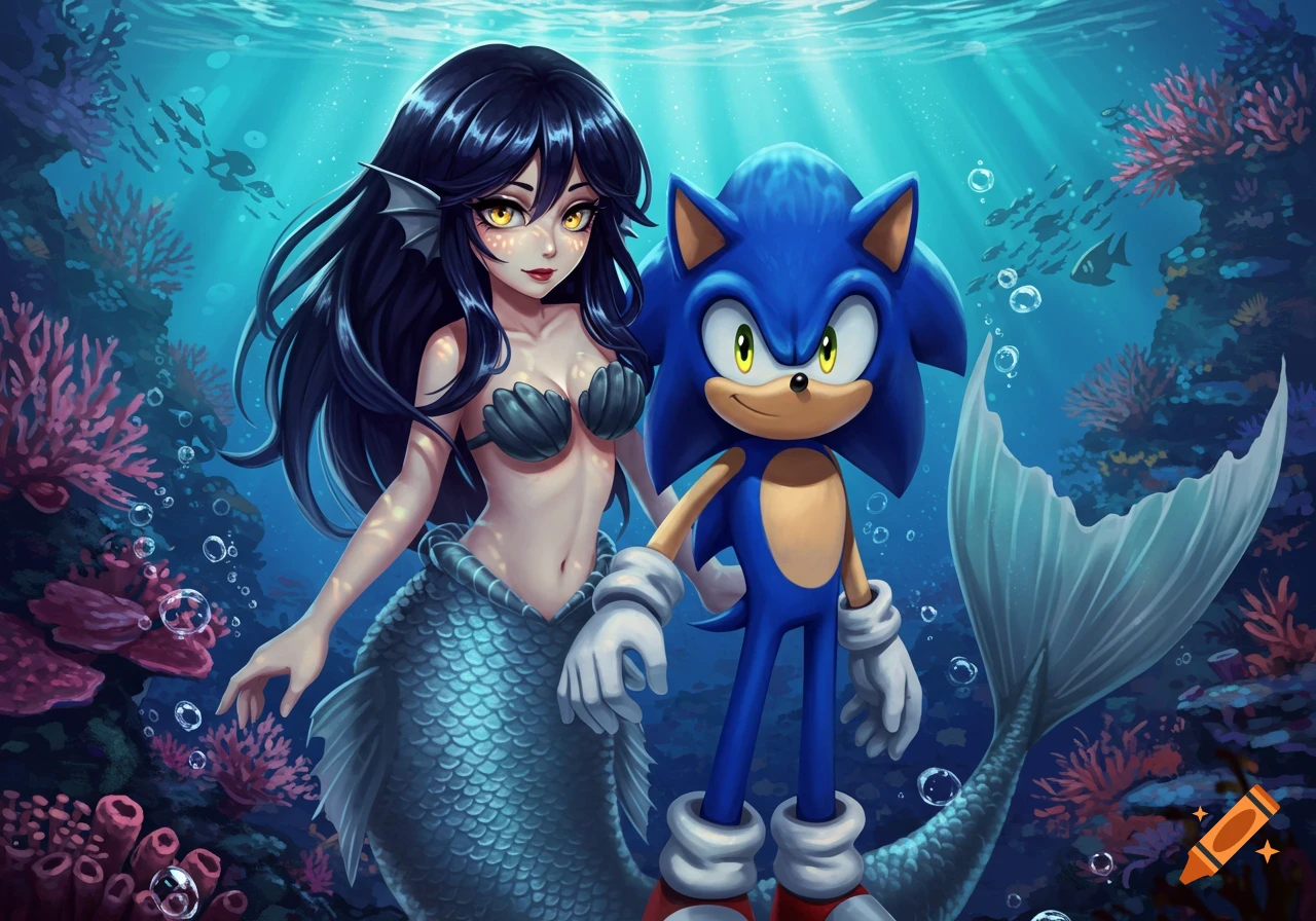 Anime-style illustration of a mermaid with black hair and Sonic the Hedgehog underwater with coral and fish.