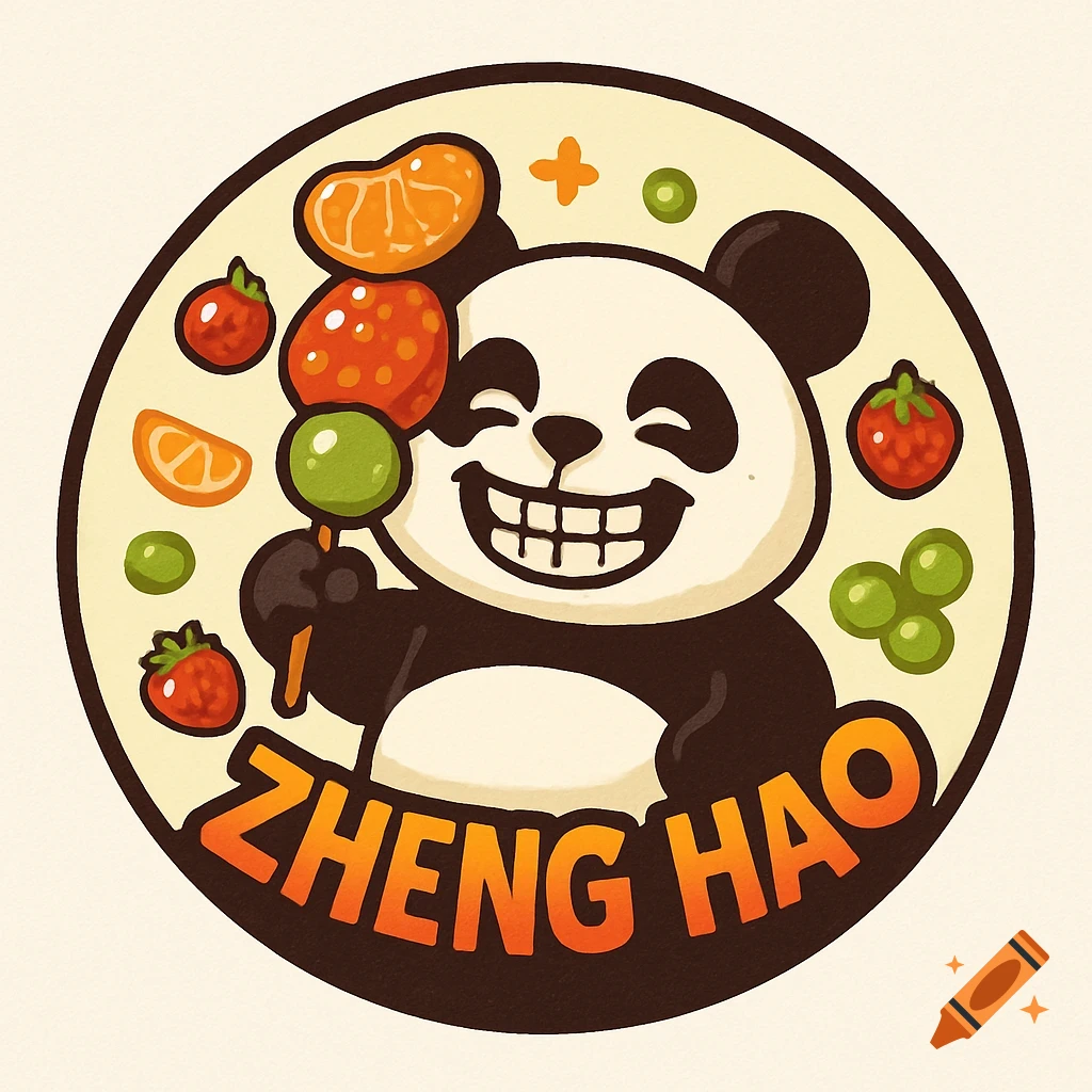 A cheerful cartoon panda logo holding a fruit tanghulu skewer, surrounded by various fruits, with 'ZHENG HAO' text at the bottom.