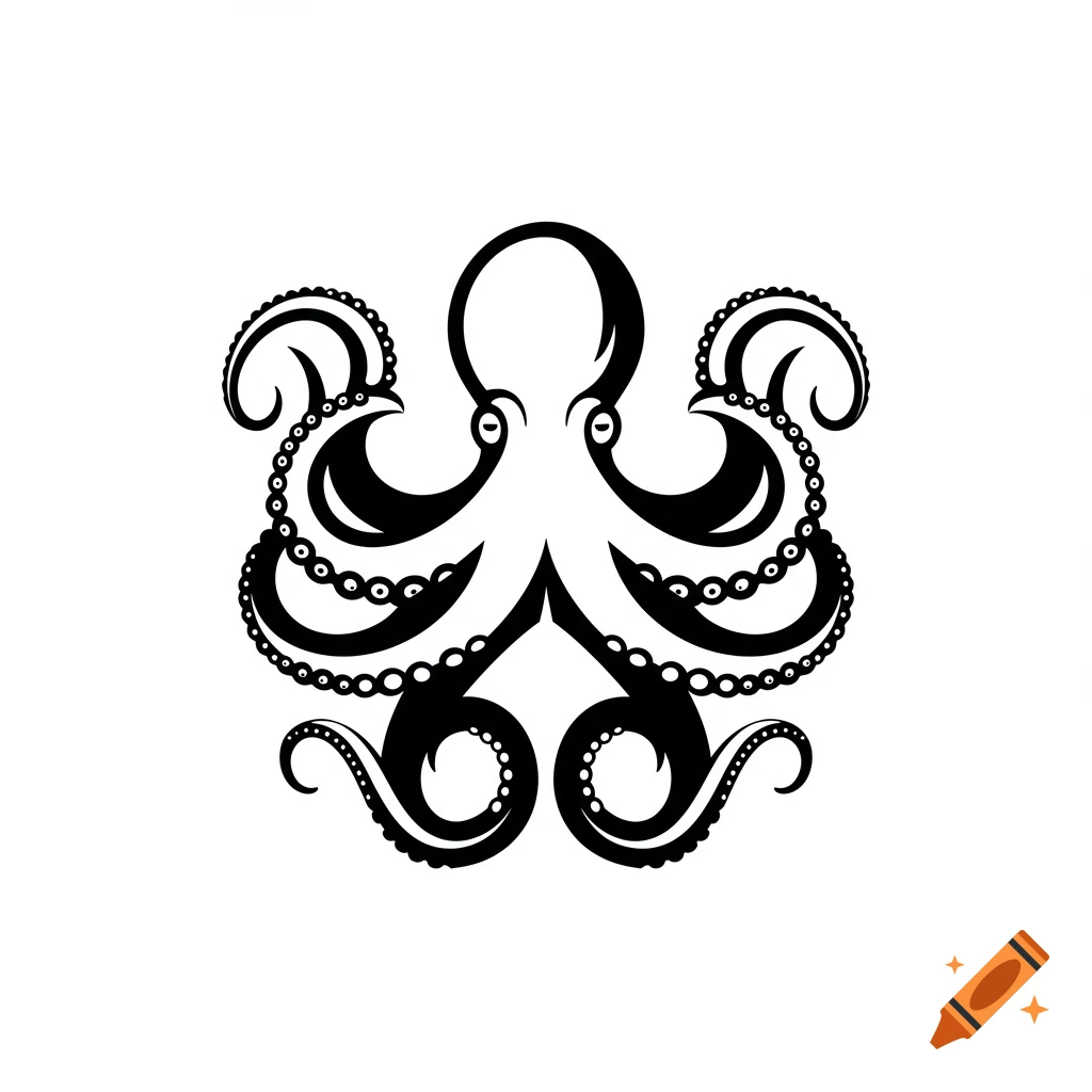 A black and white graphic silhouette of an octopus with curly tentacles.