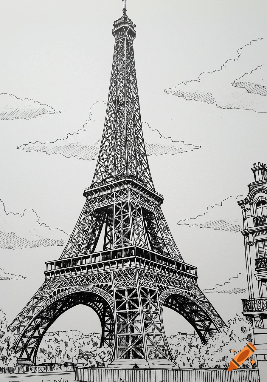 Black and white hand-drawn sketch of the Eiffel Tower against a cloudy sky with a building on the right.