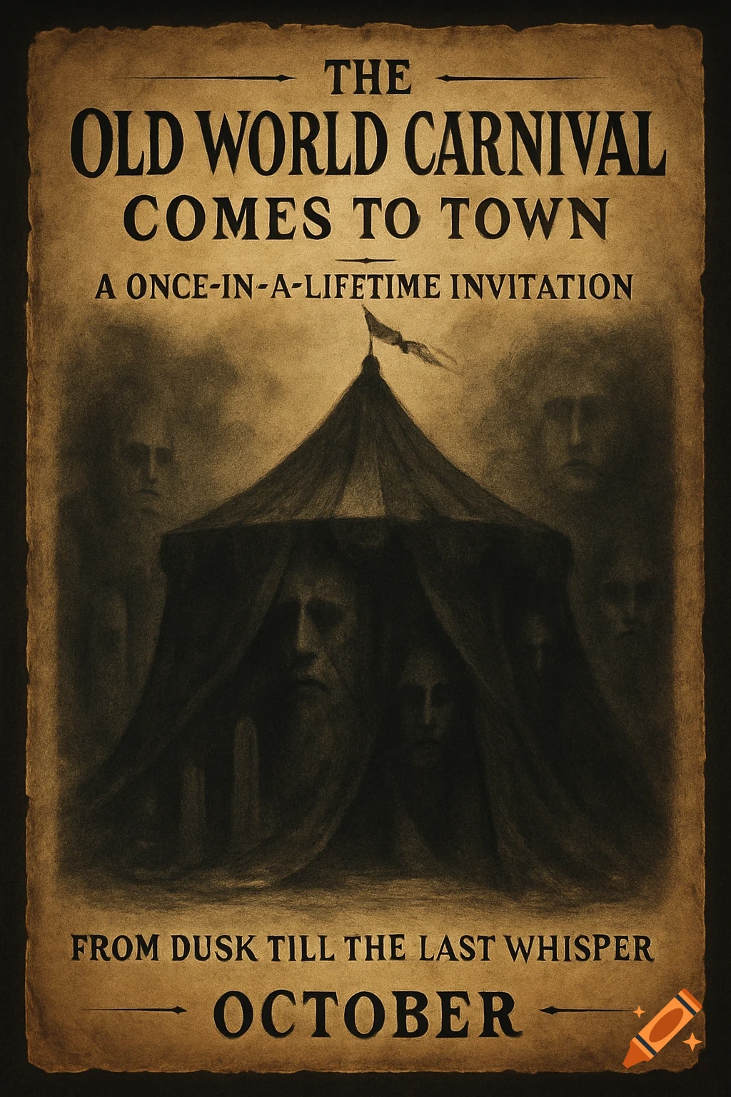 A vintage horror-themed carnival poster in sepia tones, featuring a dark circus tent with ghostly faces emerging from its folds and the surrounding mist. Text reads "The Old World Carnival Comes to Town" and "October."