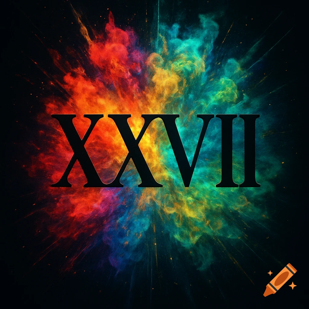 Black Roman numerals XXVII centered against a vibrant explosion of red, orange, yellow, green, and blue colors on a dark background.