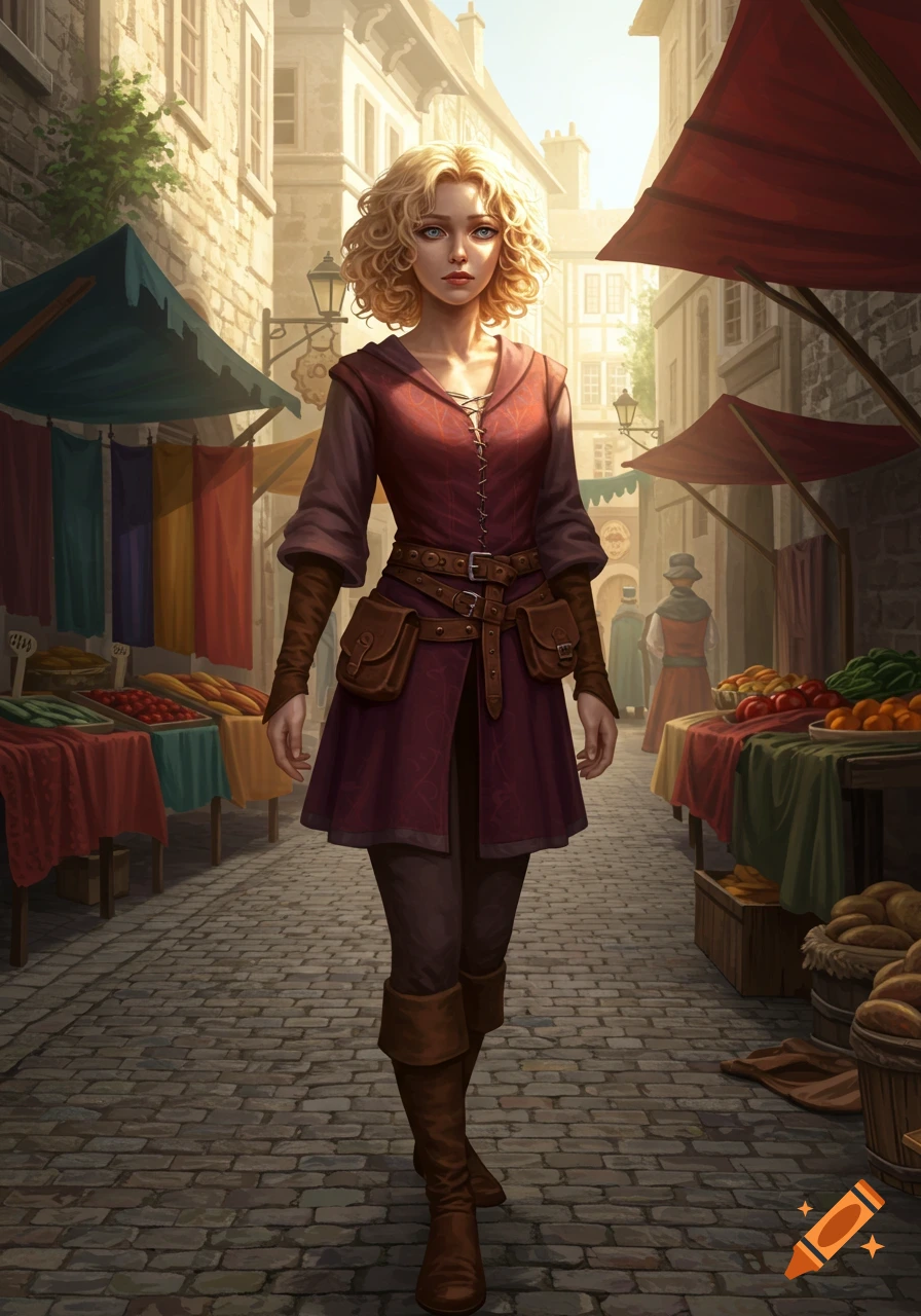 A blonde woman in medieval attire walks through a bustling market scene with stalls of goods under a bright sky.