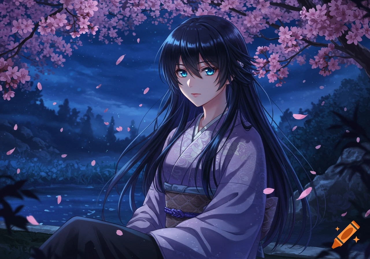 An anime woman with long dark hair and blue eyes, wearing a purple kimono, sits under a blossoming cherry tree at night.