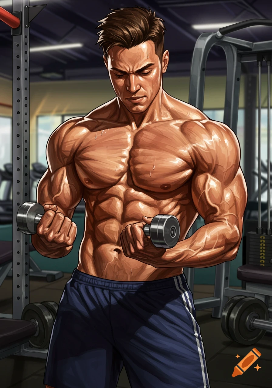 A muscular man doing dumbbell biceps curls in a gym, illustrated in a stylized art style.