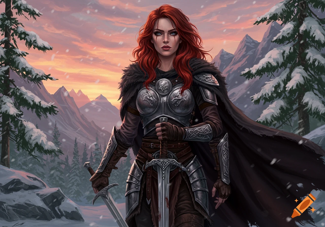 A red-haired female warrior in full armor holds a sword in a snowy mountain landscape at sunset, in a fantasy art style.