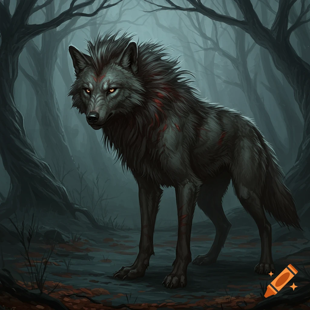 A stylized grey wolf with glowing orange eyes and red markings stands in a dark, misty forest.
