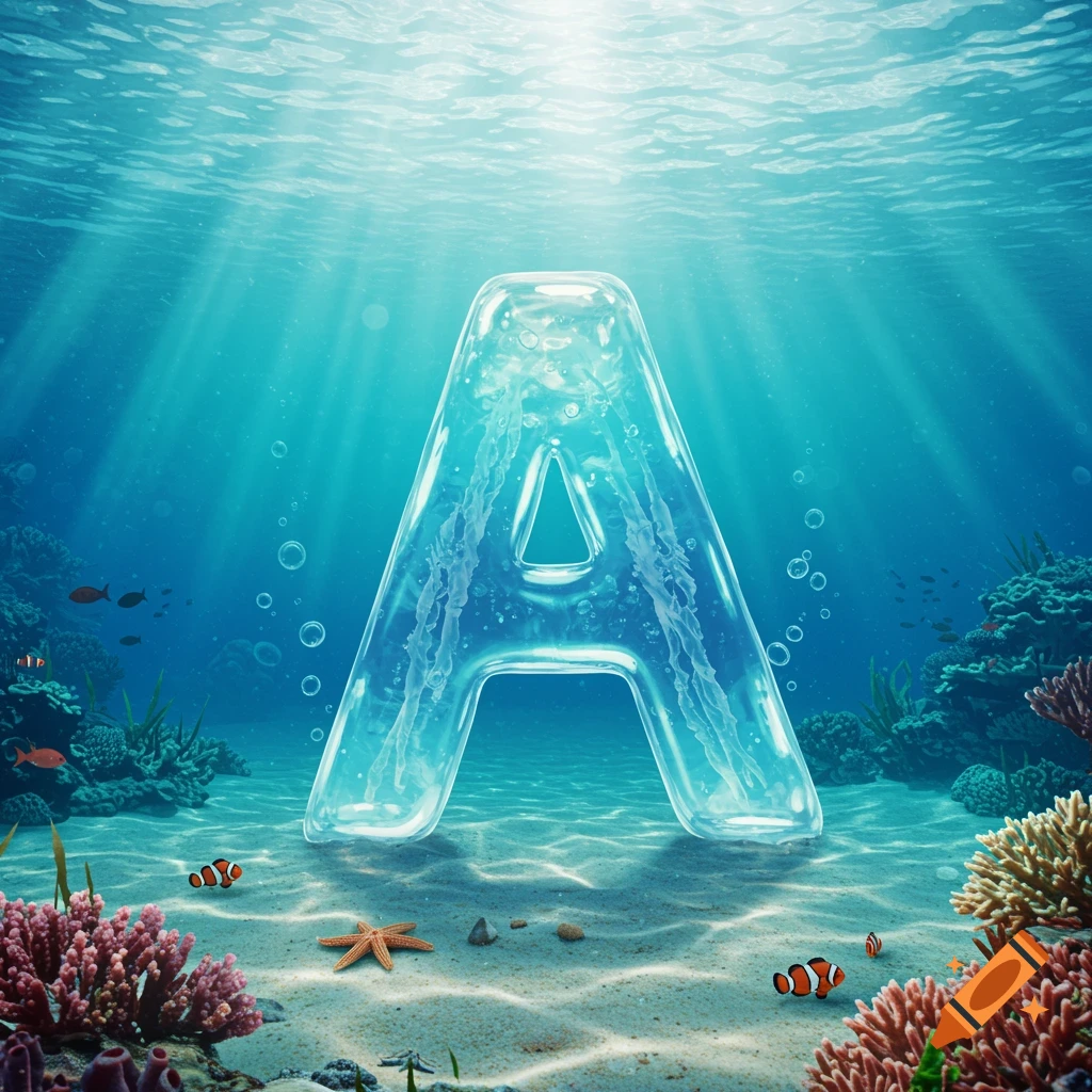 A large, translucent letter A made of jelly or ice sits on the ocean floor, surrounded by vibrant coral reefs, clownfish, starfish, and sunbeams filtering through the water.