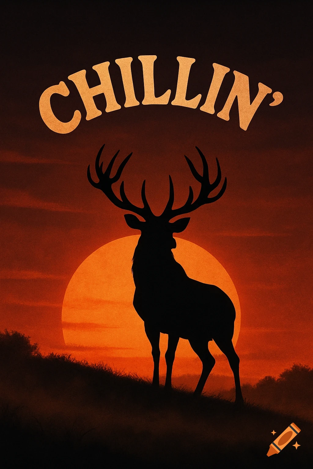 A black silhouette of a large elk with antlers standing on a hill against a vibrant orange sunset, with the word 'CHILLIN'' in curved text above it.