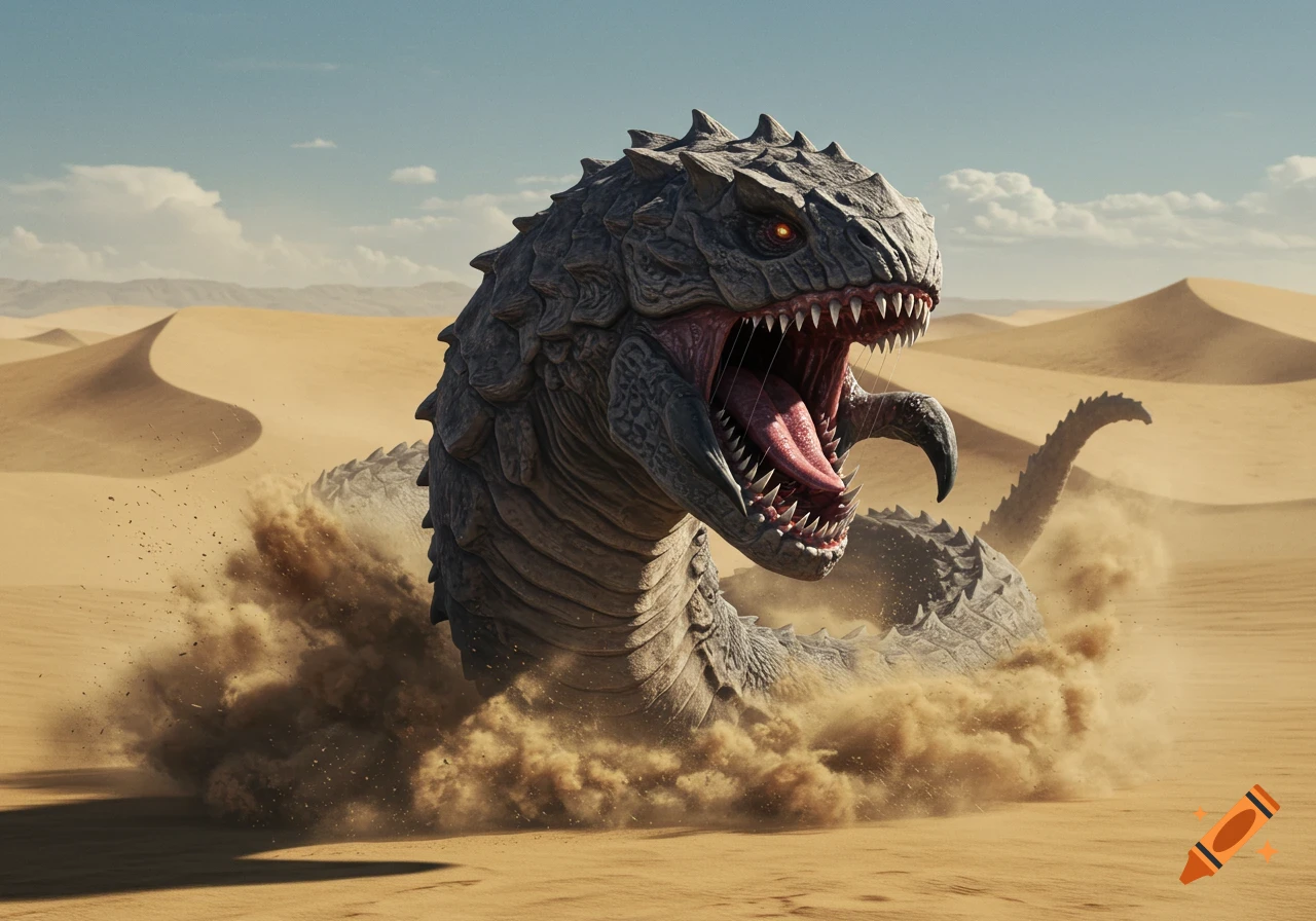 A monstrous, grey, scaly worm-like creature with rows of sharp teeth emerges from desert sands, kicking up dust.