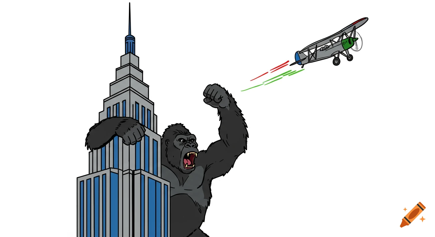 Cartoon illustration of King Kong on a skyscraper, swinging at a biplane.