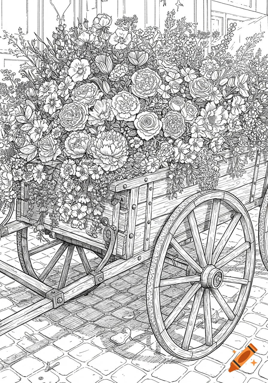 Black and white outline illustration of a wooden cart filled with a large arrangement of flowers on a cobblestone street.
