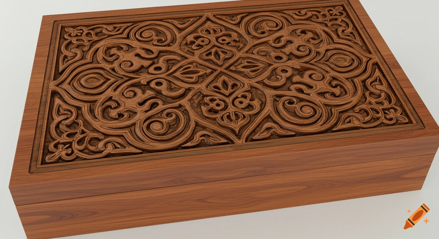 A close-up view of a wooden box lid with intricate, deep wood carvings of Syriac and Maronite patterns.