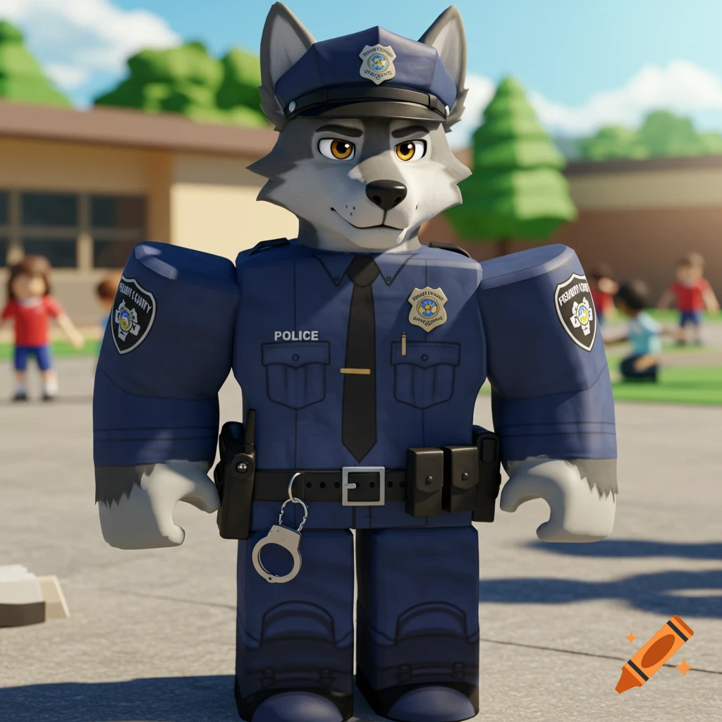 A Roblox-style wolf character in a blue police lieutenant uniform stands in a schoolyard.