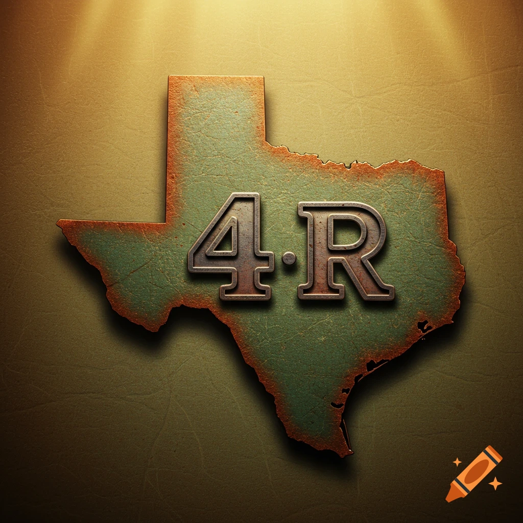 Rustic, textured map outline of Texas with a metal-style '4.R' in the center.