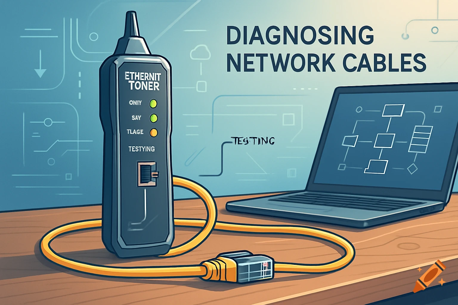 An infographic illustration shows an ethernet toner connected to a laptop with a yellow cable on a wooden desk, with text 'DIAGNOSING NETWORK CABLES'.