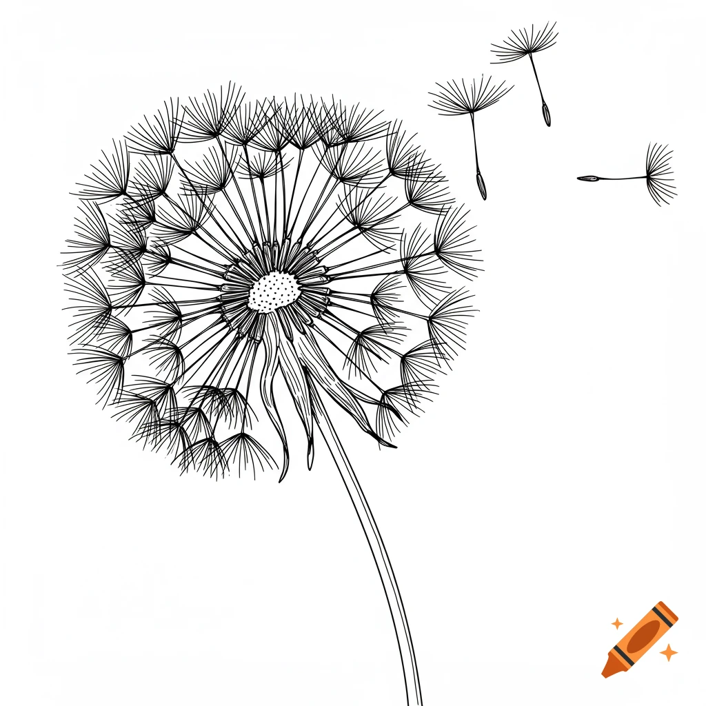 Black and white line drawing of a dandelion with seeds blowing away.