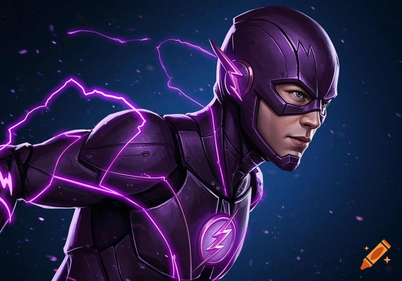 Purple-suited Flash with glowing lightning, helmet, and blue eyes against a dark background.