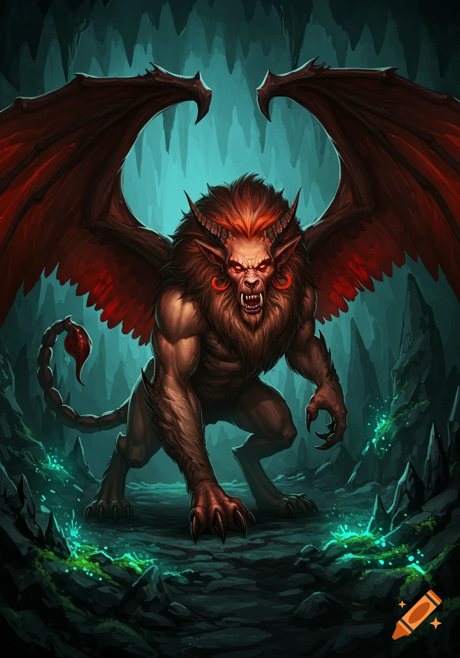 A fierce manticore monster with red wings, glowing eyes, and sharp teeth in a dark cave, rendered in 2D video game art style.
