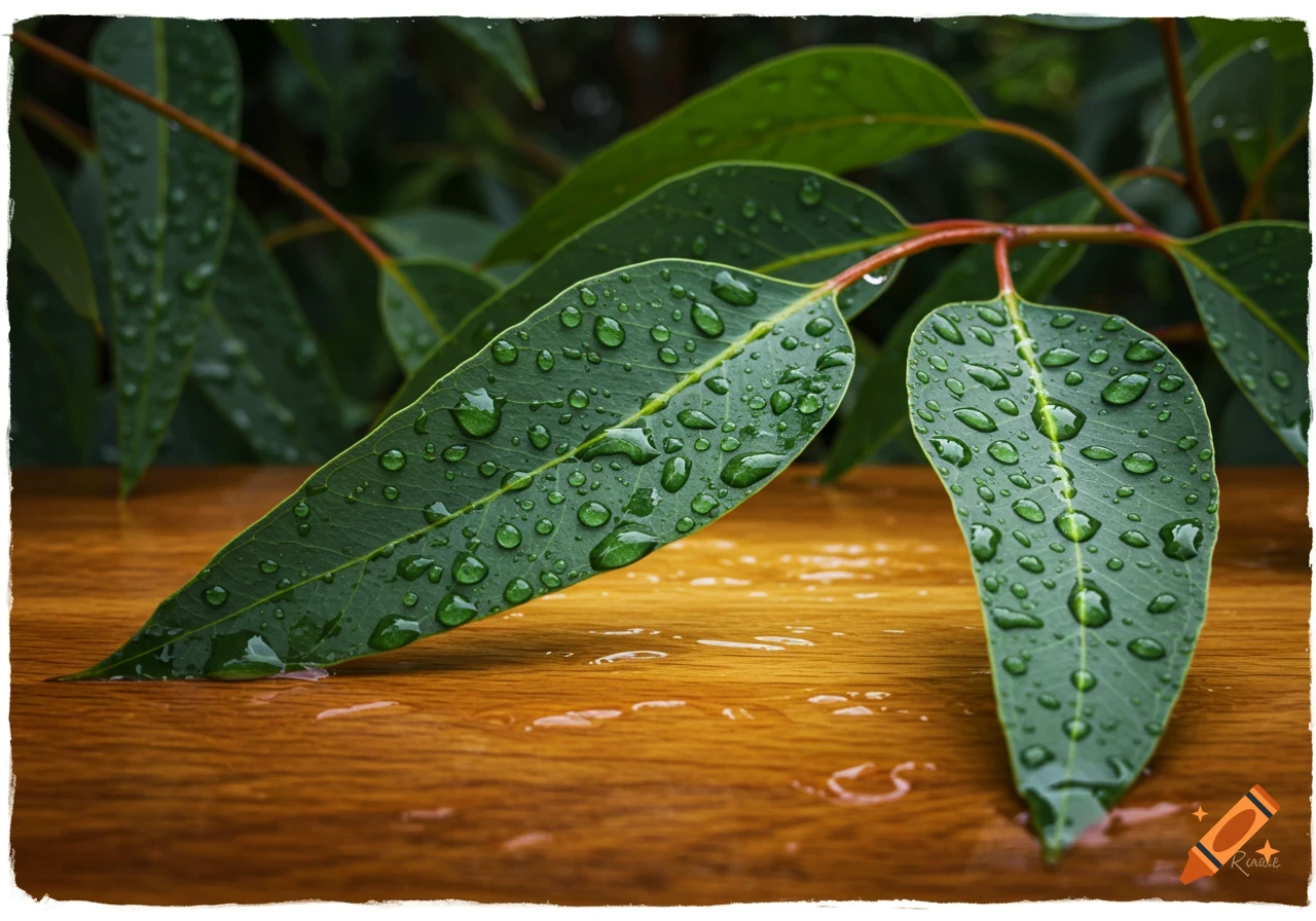 Photorealistic close-up of green leaves covered in rain droplets on a wet wooden surface.