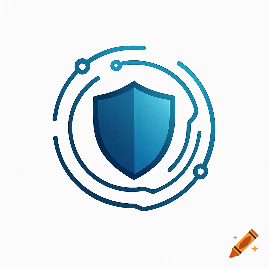 A blue shield with a circuit board pattern around it, symbolizing data privacy and security.
