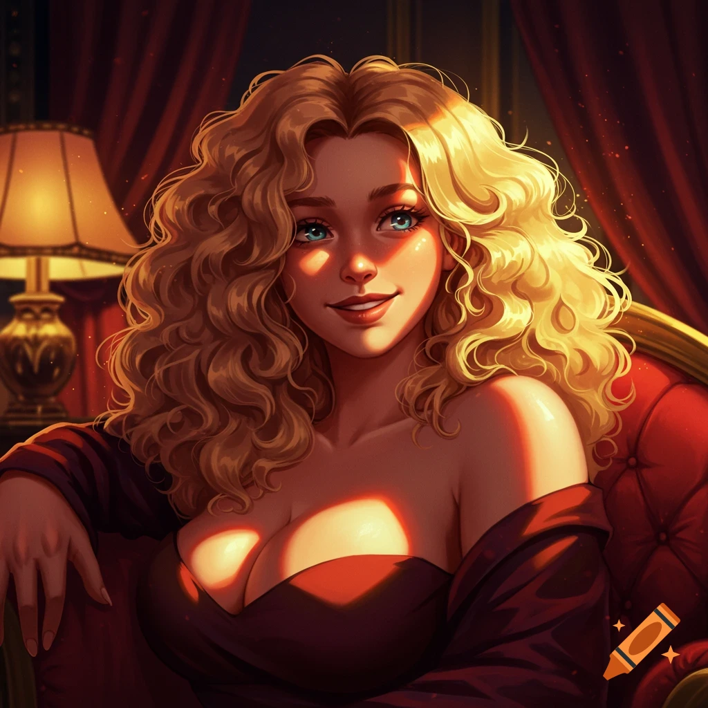 An animated blonde woman with curly hair smiles from a red armchair, bathed in warm, glowing light.