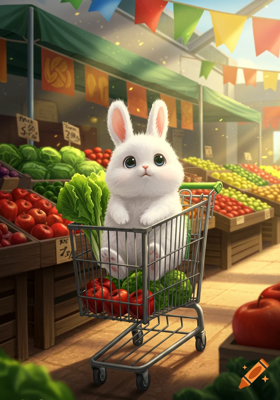A fluffy white bunny sits in a shopping cart filled with lettuce and peppers in a sunlit market full of produce.