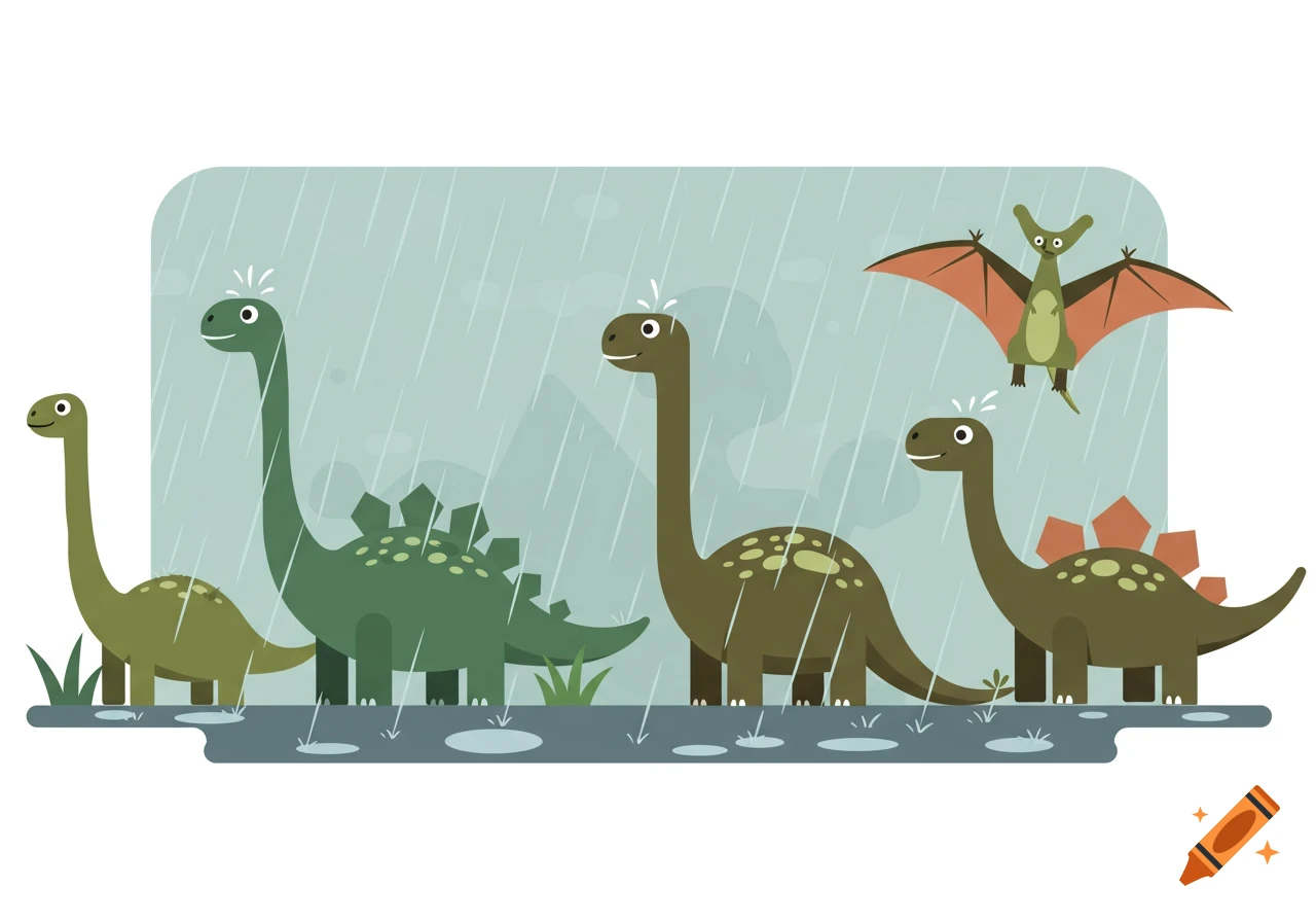 Four cartoon dinosaurs and a pterodactyl in the rain, standing on a wet surface with puddles.