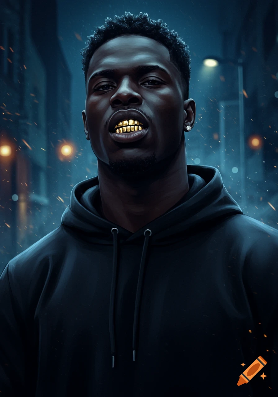 A close-up portrait of a dark-skinned man with a gold grill and a black hoodie, set against a dark, urban background with streetlights and light particles.