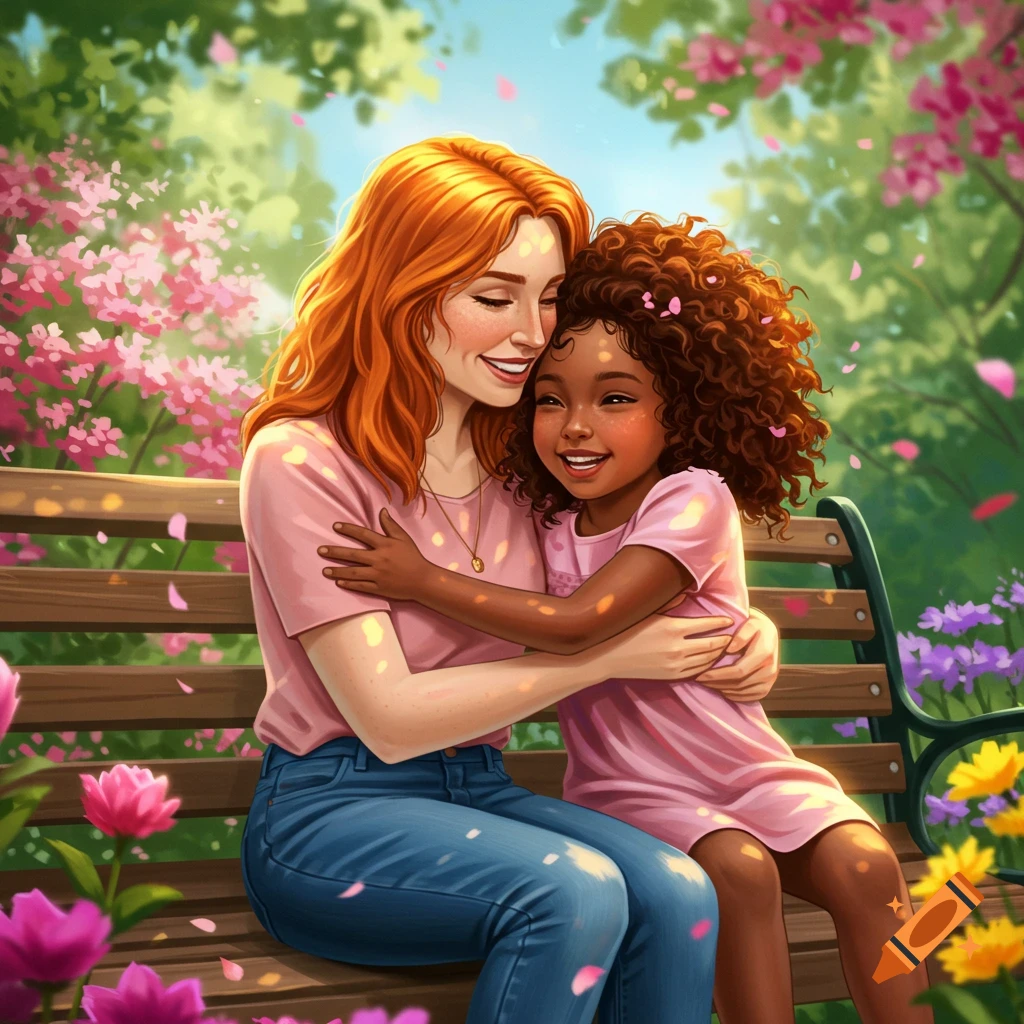 An illustration of a red-headed mother and her daughter with curly brown hair hugging on a park bench surrounded by pink and purple flowers.