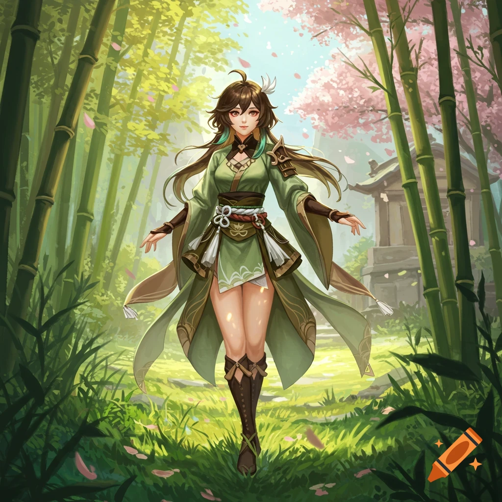An anime-style female character in green and brown clothing walks through a vibrant bamboo forest with cherry blossoms and a distant shrine.