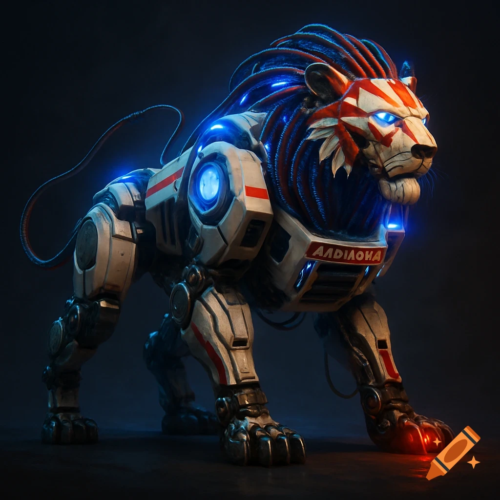 A powerful biomechanical lion with white and red armor, glowing blue lights, a mane of wires, and metallic claws, standing against a dark background.