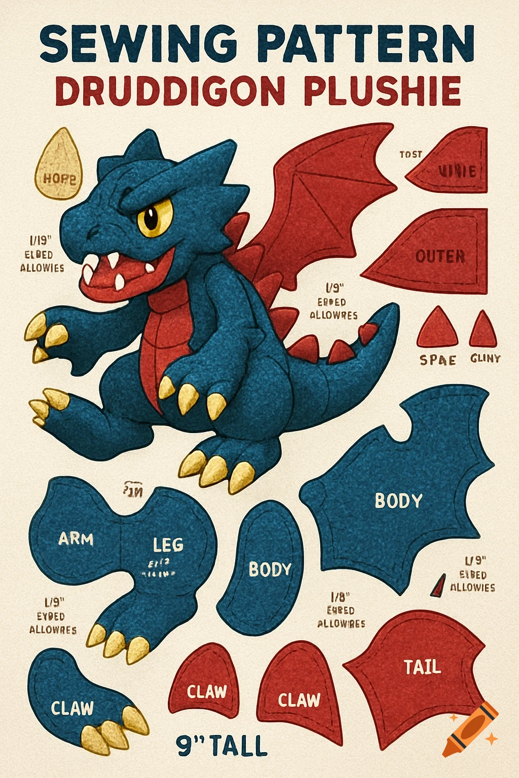 A sewing pattern for a Druddigon plushie, featuring a blue and red dragon plushie next to various fabric pieces labeled for different parts like body, arm, leg, claw, and tail. The title reads 'SEWING PATTERN DRUDDIGON PLUSHIE' and '9" TALL'.