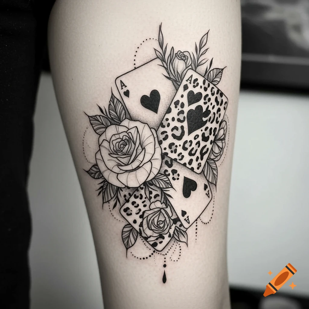 Black and white fine line tattoo on skin featuring aces of hearts, roses, and leopard print.