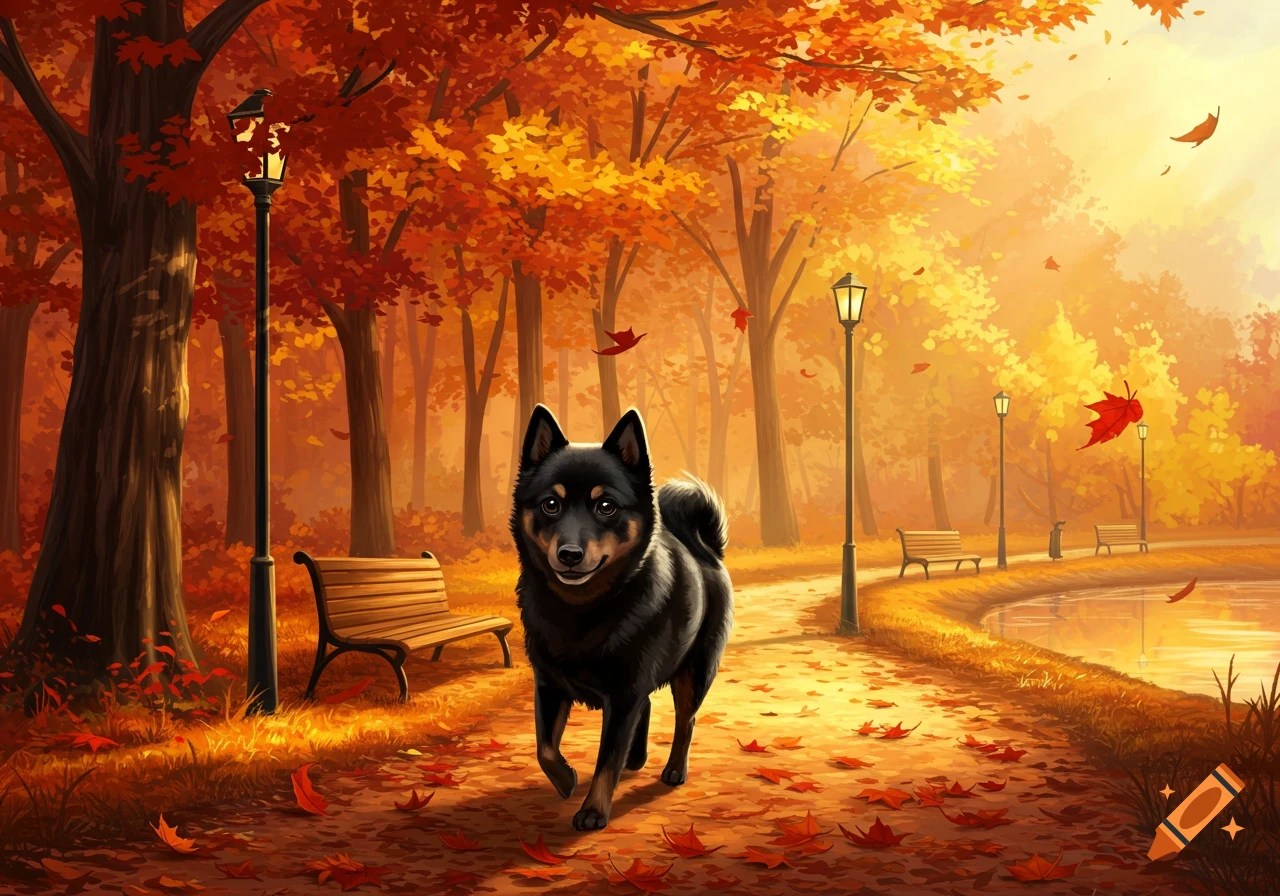 A black Schipperke dog walks on a path covered in red and orange autumn leaves in a park with trees and lampposts.