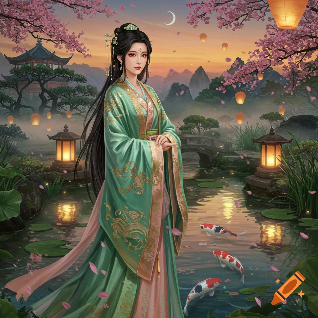 A beautiful Eastern fantasy woman in green and pink traditional robes stands by a pond with koi fish, cherry blossoms, and lanterns.