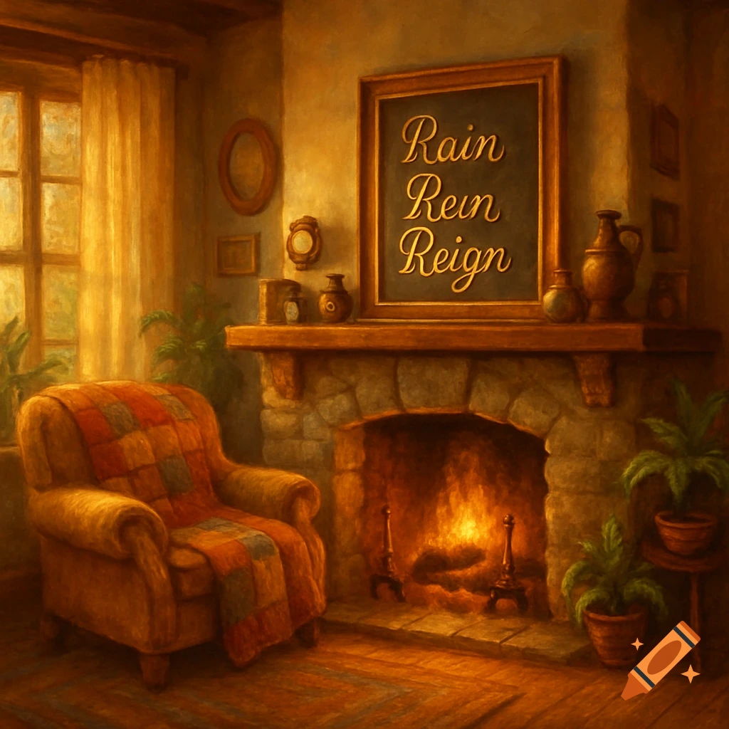 A warm, painting-style image of a cozy living room with a lit fireplace, a plaid armchair, and a framed picture saying 'Rain Rein Reign'.