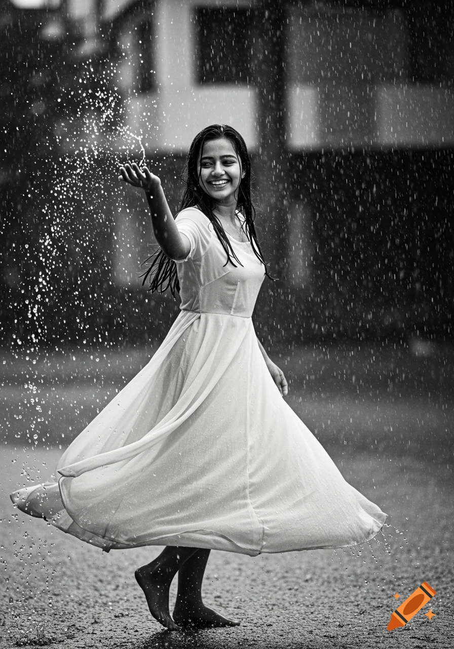 A young woman in a white dress smiles while twirling and catching rain in her hand, shot in black and white.