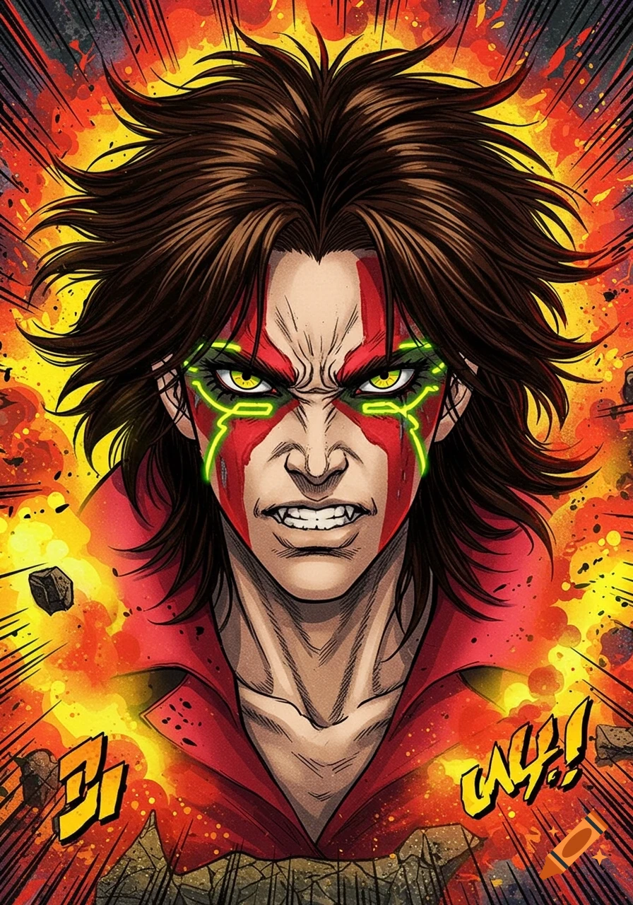 Manga portrait of an intense character with red and neon green face paint, sharp teeth, and brown hair, against an explosive background.
