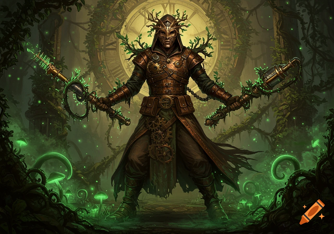 A masked steampunk druid figure in a dark, mystical forest with glowing mushrooms and a large clock in the background, holding two glowing staffs.