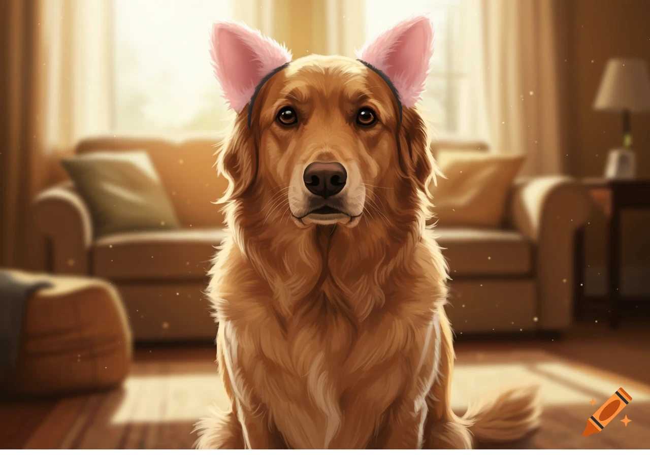 A photorealistic golden retriever wearing pink cat ears sits in a sunlit living room.