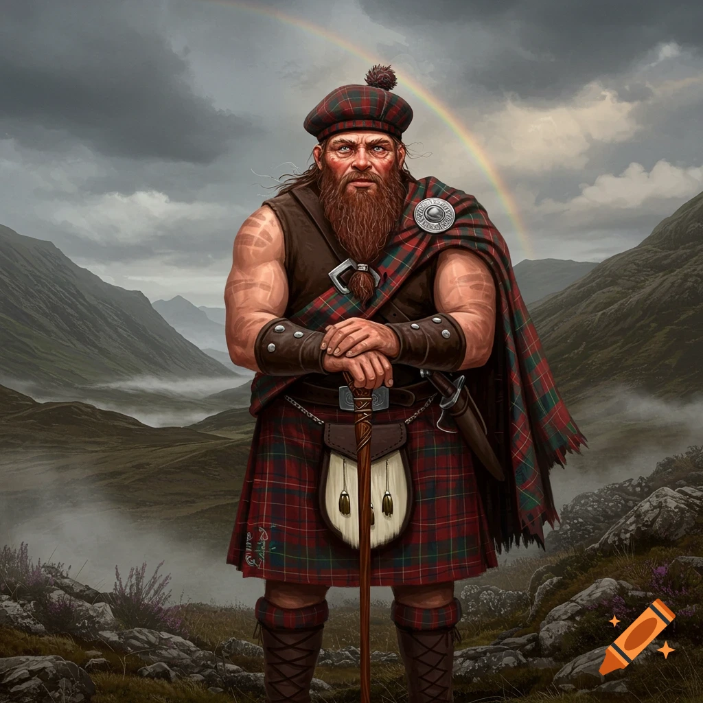 A rugged Scottish man with a long beard and traditional tartan kilt and plaid, holds a staff in a misty mountain landscape with a rainbow.