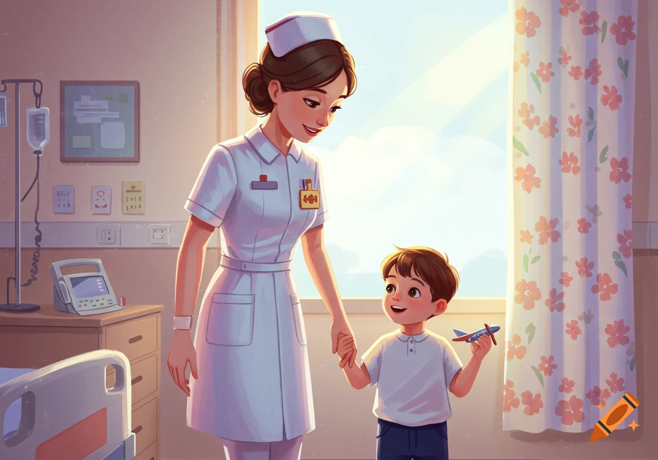 A nurse in a white uniform holds the hand of a smiling little boy holding a toy airplane in a bright hospital room.