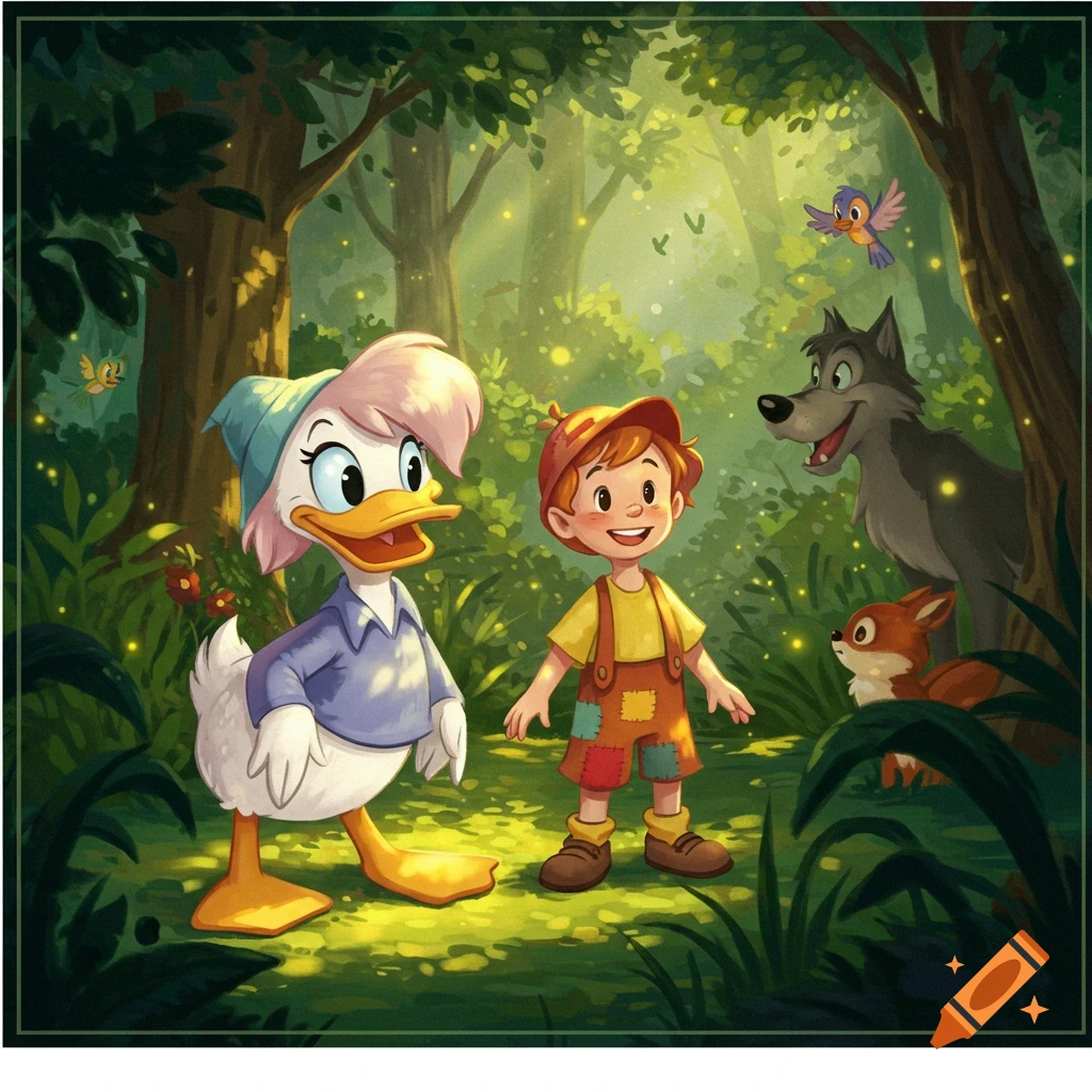 A Disney-style illustration of a duck, a boy, a wolf, a fox, and birds in a sunlit forest.