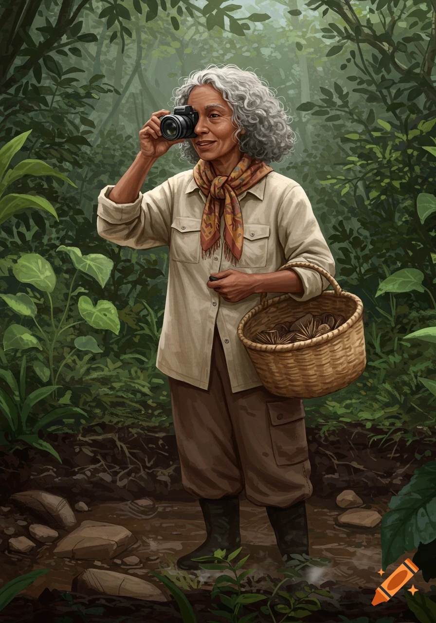 An older woman with grey curly hair, wearing fieldwear, holds a camera to her eye and carries a basket in a lush green jungle setting.