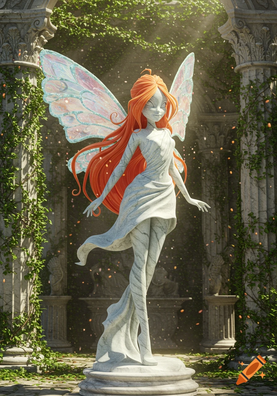 A marble statue of a fairy with long orange hair and iridescent wings in ancient ruins with ivy.