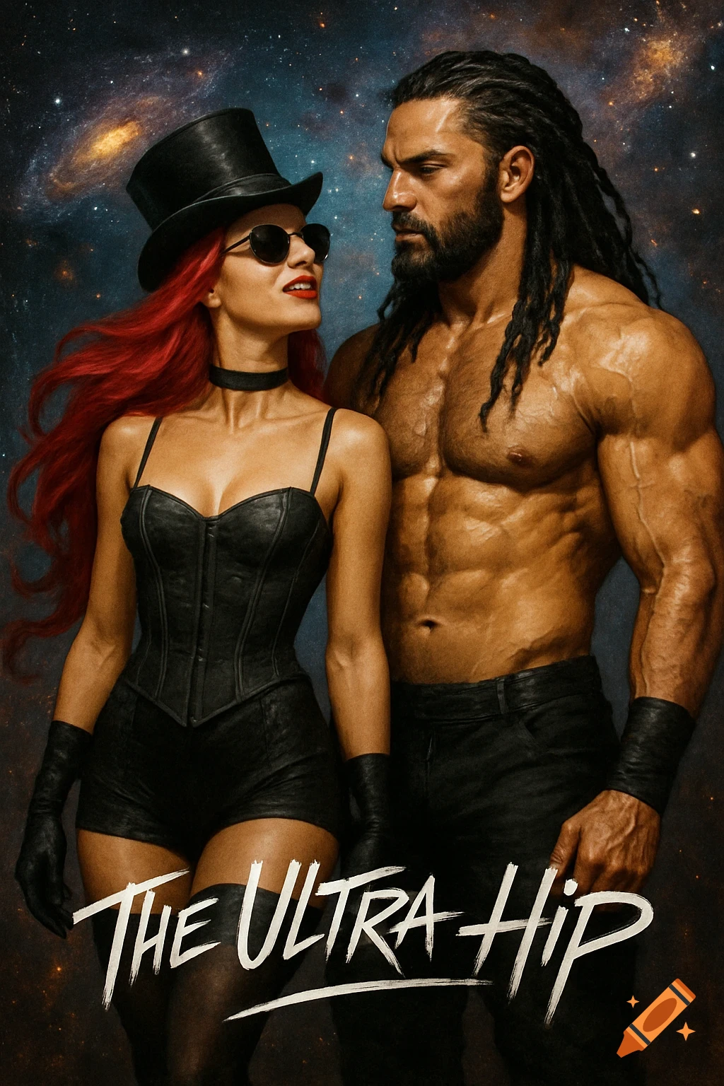 A muscular man with dreadlocks and a woman in a top hat and corset stand against a galaxy backdrop, with 'THE ULTRA HIP' text.