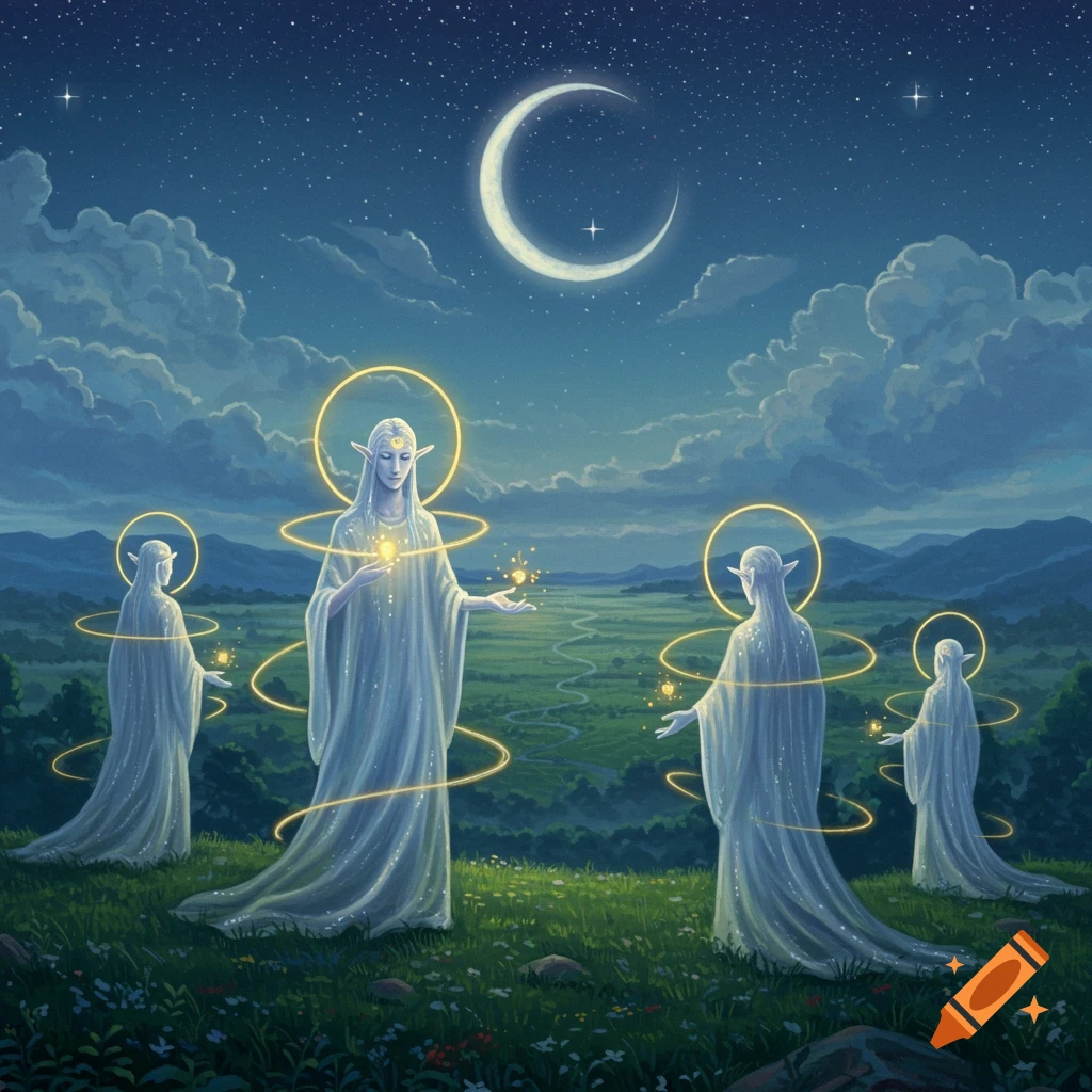 Four ethereal elven figures with glowing halos stand in a moonlit field, holding glowing orbs under a crescent moon and stars.