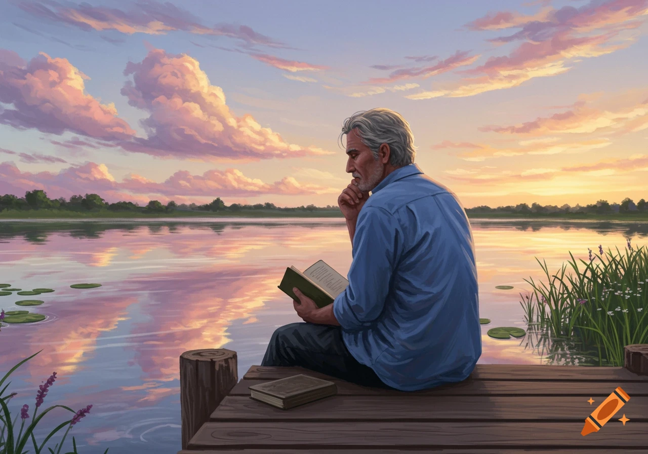 A man with gray hair sits on a wooden dock by a lake, reading a book at sunset, with a vibrant sky reflected in the water.